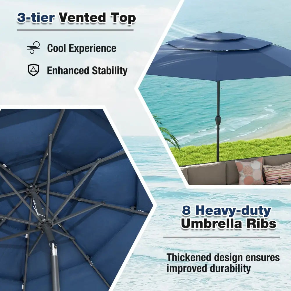 10 ft 3-tier Vented Patio Umbrella with Push Button Tilt-Navy - Navy - Outdoor Umbrellas