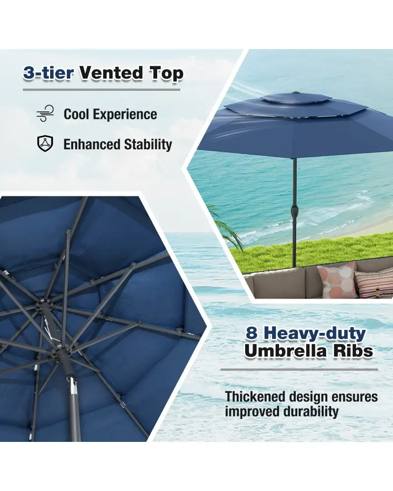 10 ft 3-tier Vented Patio Umbrella with Push Button Tilt-Navy - Navy - Outdoor Umbrellas