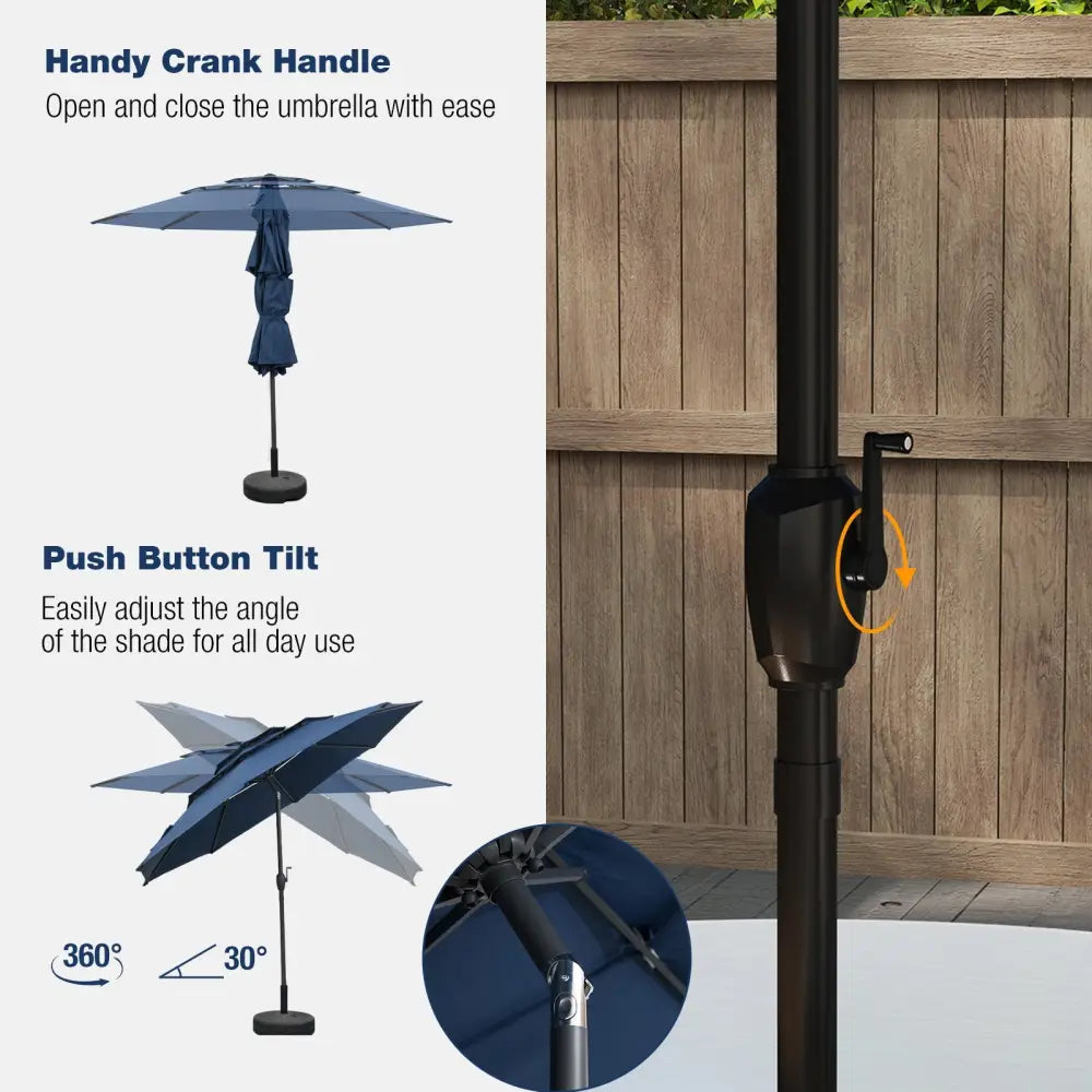 10 ft 3-tier Vented Patio Umbrella with Push Button Tilt-Navy - Navy - Outdoor Umbrellas