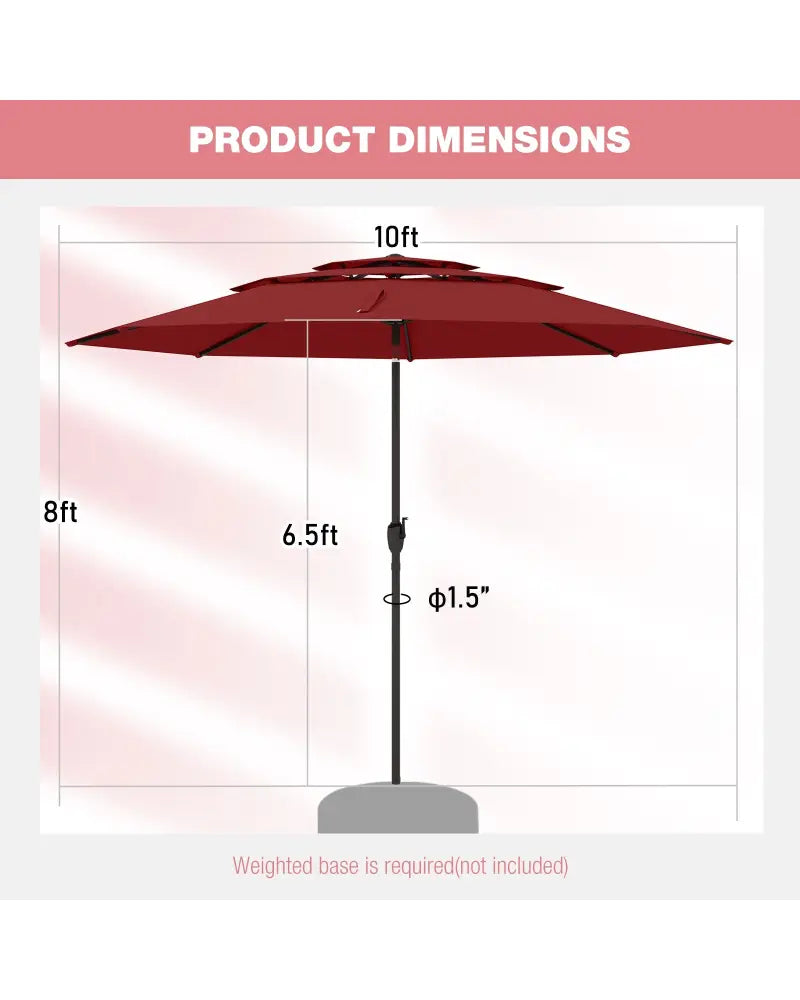 10 ft 3-tier Vented Patio Umbrella with Push Button Tilt-Red - Red - Outdoor Umbrellas