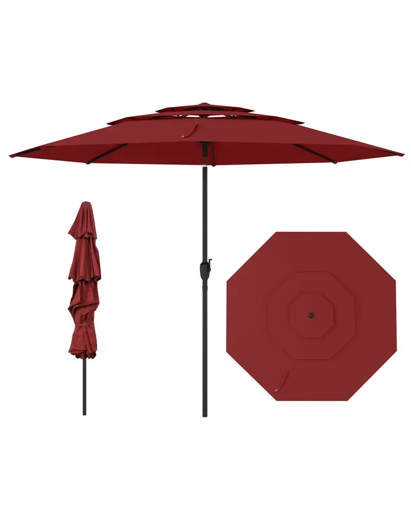 10 ft 3-tier Vented Patio Umbrella with Push Button Tilt-Red - Red - Outdoor Umbrellas