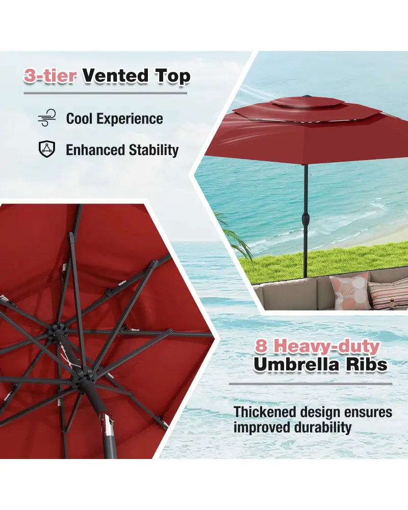 10 ft 3-tier Vented Patio Umbrella with Push Button Tilt-Red - Red - Outdoor Umbrellas