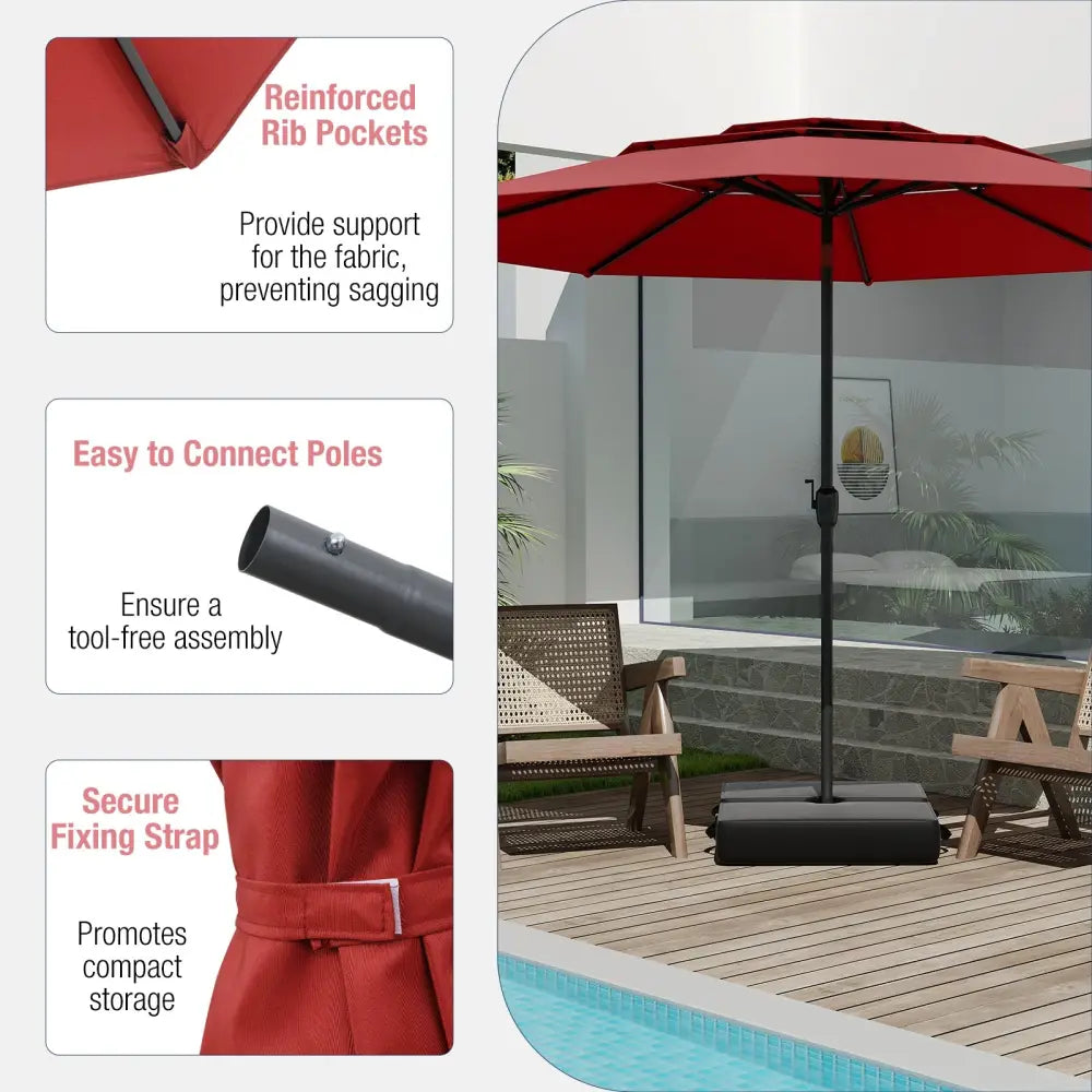 10 ft 3-tier Vented Patio Umbrella with Push Button Tilt-Red - Red - Outdoor Umbrellas