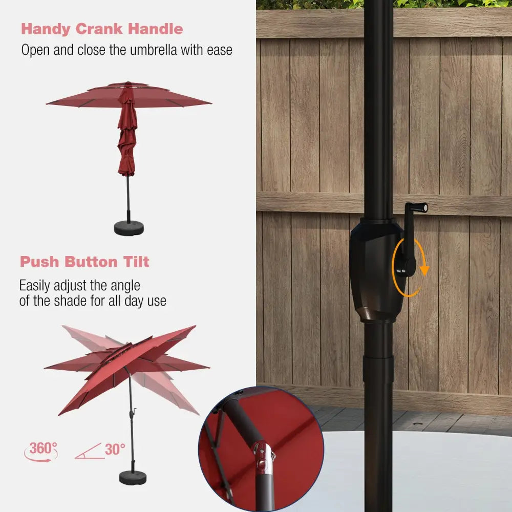 10 ft 3-tier Vented Patio Umbrella with Push Button Tilt-Red - Red - Outdoor Umbrellas