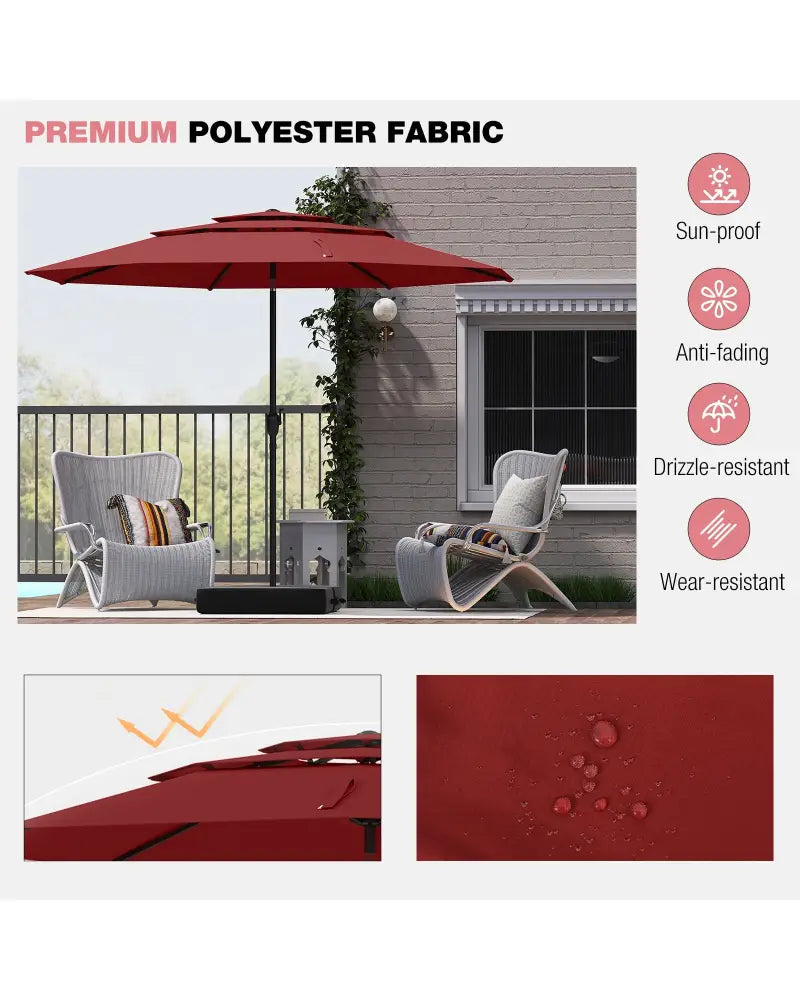 10 ft 3-tier Vented Patio Umbrella with Push Button Tilt-Red - Red - Outdoor Umbrellas