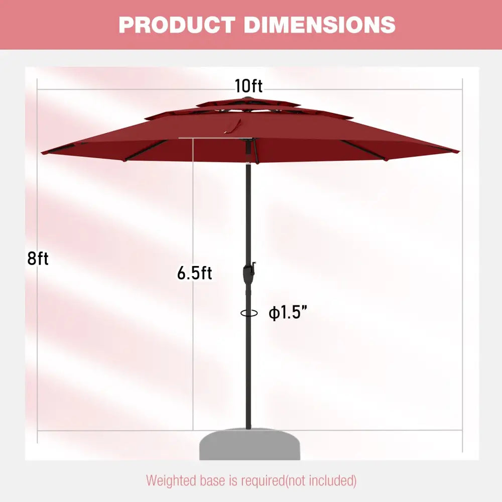 10 ft 3-tier Vented Patio Umbrella with Push Button Tilt-Red - Red - Outdoor Umbrellas