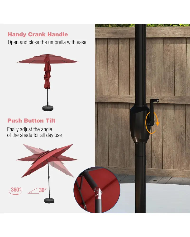 10 ft 3-tier Vented Patio Umbrella with Push Button Tilt-Red - Red - Outdoor Umbrellas