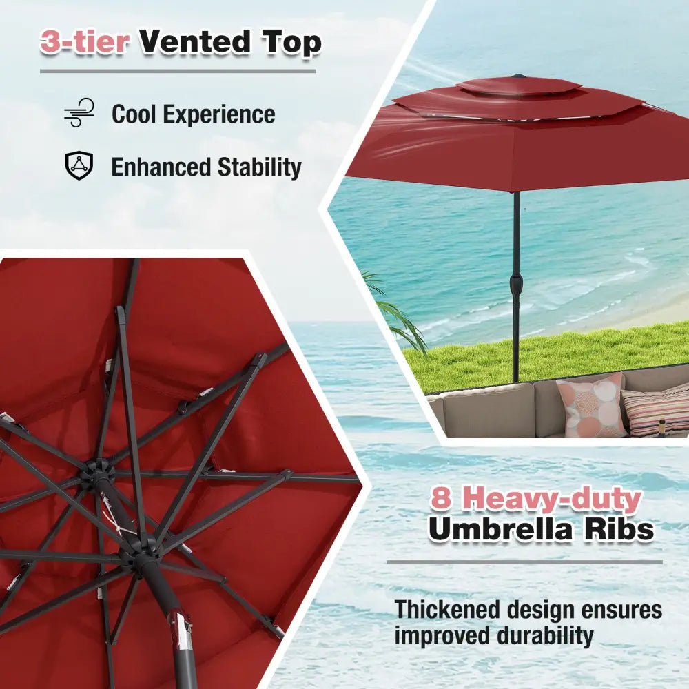 10 ft 3-tier Vented Patio Umbrella with Push Button Tilt-Red - Red - Outdoor Umbrellas