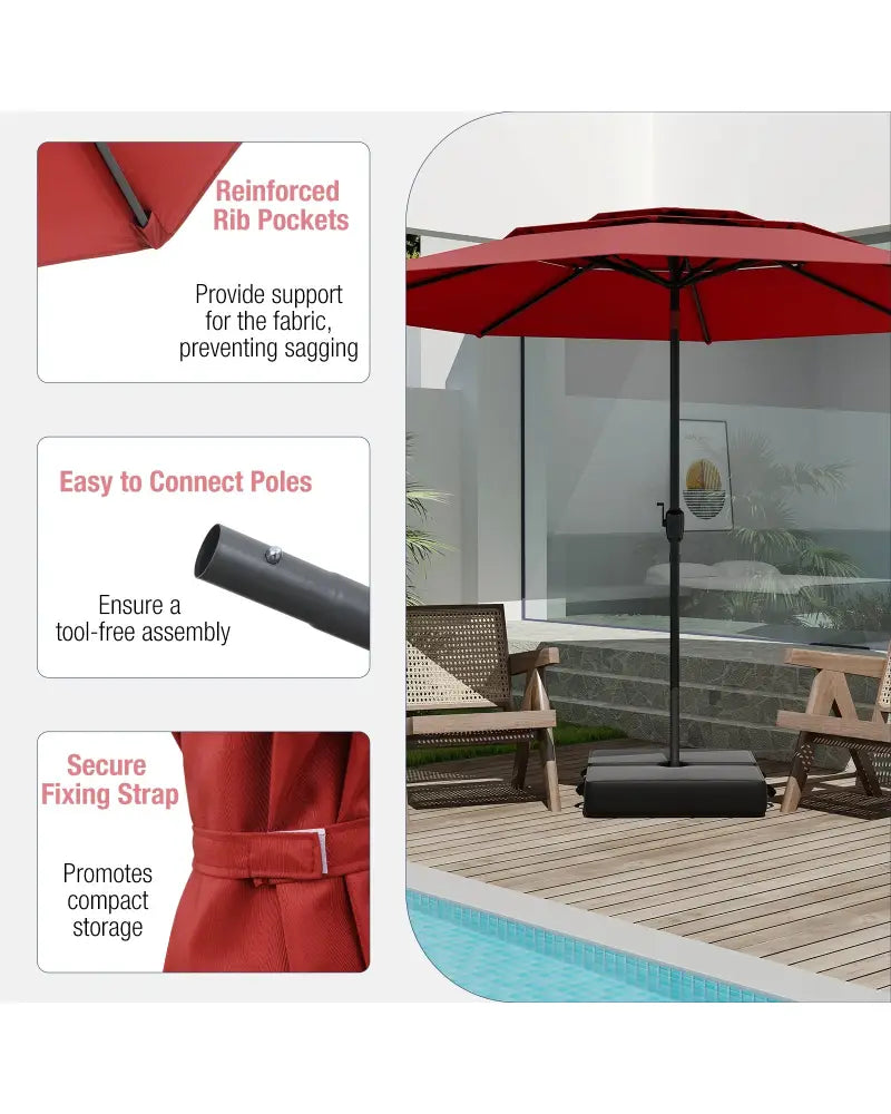 10 ft 3-tier Vented Patio Umbrella with Push Button Tilt-Red - Red - Outdoor Umbrellas