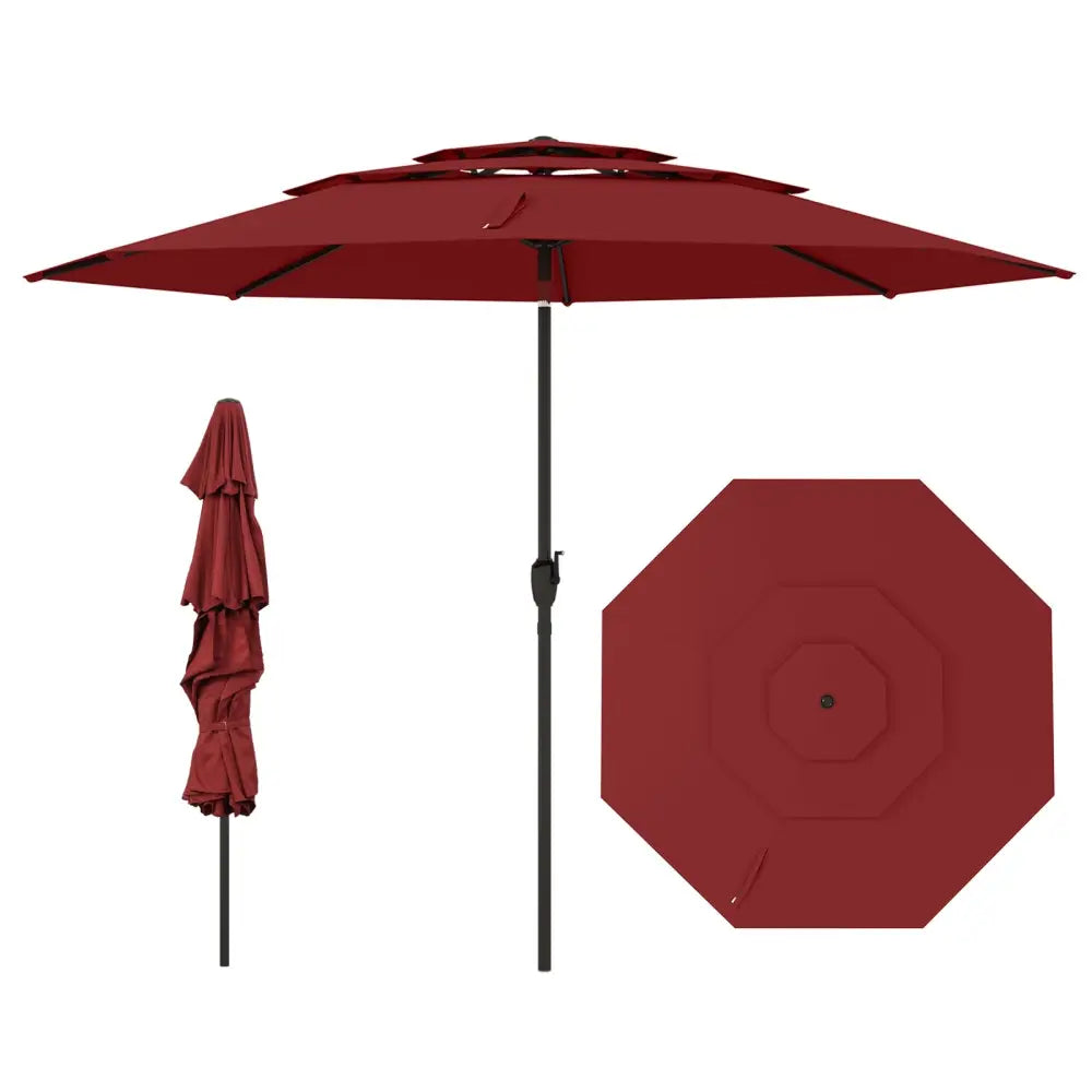 10 ft 3-tier Vented Patio Umbrella with Push Button Tilt-Red - Red - Outdoor Umbrellas