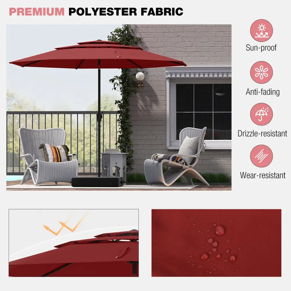10 ft 3-tier Vented Patio Umbrella with Push Button Tilt-Red - Red - Outdoor Umbrellas