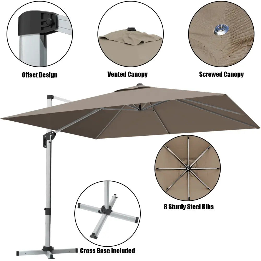 10 ft 360 Degree Tilt Aluminum Square Patio Offset Cantilever Umbrella without Weight Base-Tan - Tan - Outdoor Umbrellas