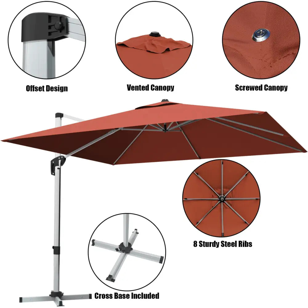 10 ft 360 Degree Tilt Aluminum Square Patio Offset Cantilever Umbrella without Weight Base-Brick red - Orange - Outdoor