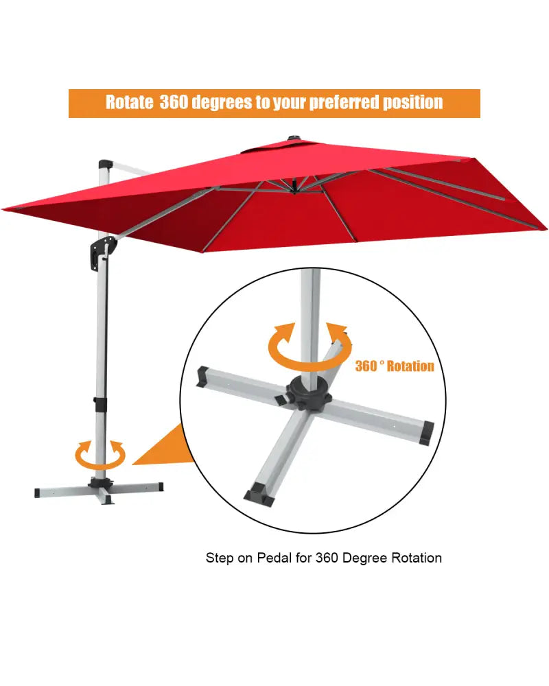 10 ft 360 Degree Tilt Aluminum Square Patio Offset Cantilever Umbrella without Weight Base-Burgundy - Burgundy