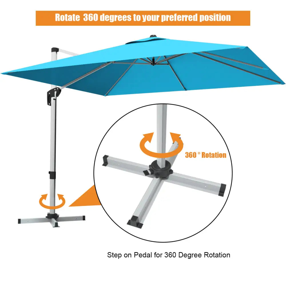 10 ft 360 Degree Tilt Aluminum Square Patio Offset Cantilever Umbrella without Weight Base-Blue - Blue - Outdoor