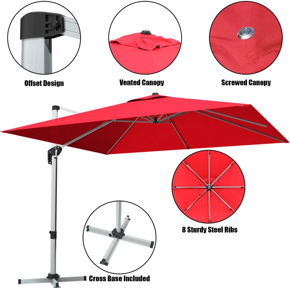 10 ft 360 Degree Tilt Aluminum Square Patio Offset Cantilever Umbrella without Weight Base-Burgundy - Burgundy