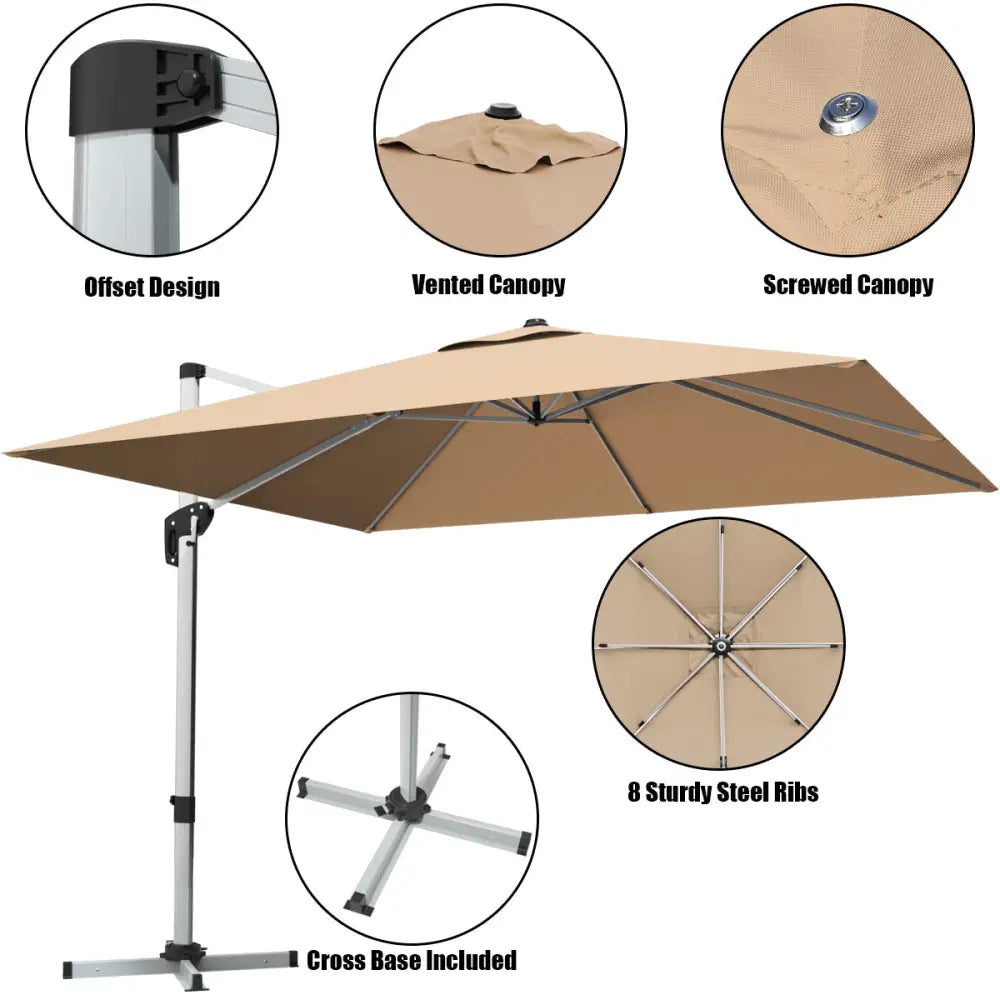 10 ft 360 Degree Tilt Aluminum Square Patio Offset Cantilever Umbrella without Weight Base-Beige - Beige - Outdoor