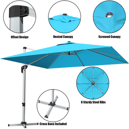10 ft 360 Degree Tilt Aluminum Square Patio Offset Cantilever Umbrella without Weight Base-Blue - Blue - Outdoor