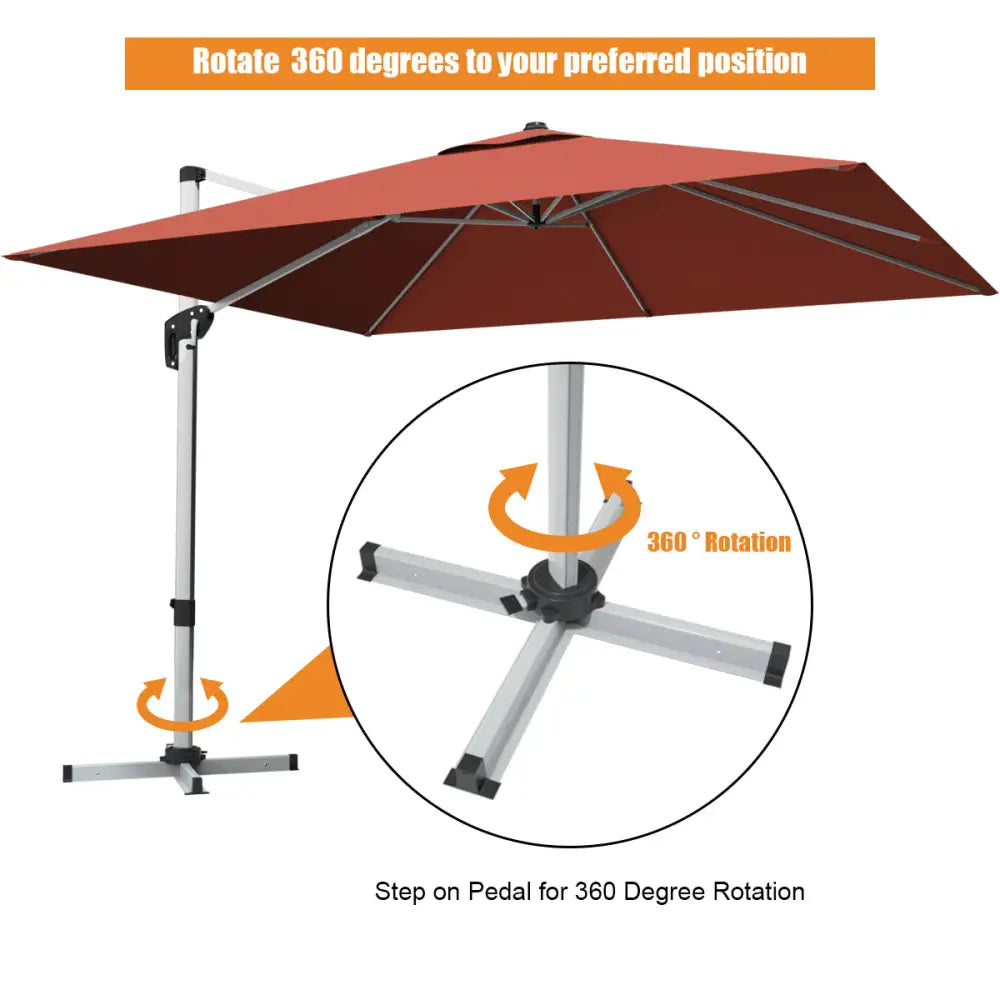 10 ft 360 Degree Tilt Aluminum Square Patio Offset Cantilever Umbrella without Weight Base-Brick red - Orange - Outdoor