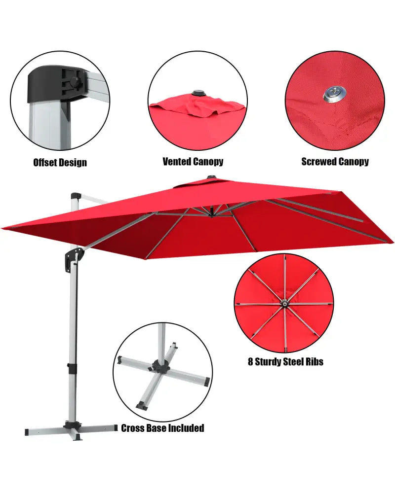 10 ft 360 Degree Tilt Aluminum Square Patio Offset Cantilever Umbrella without Weight Base-Burgundy - Burgundy
