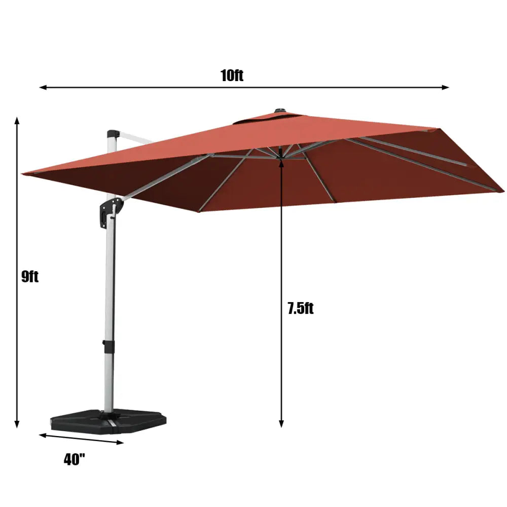 10 ft 360 Degree Tilt Aluminum Square Patio Offset Cantilever Umbrella without Weight Base-Brick red - Orange - Outdoor