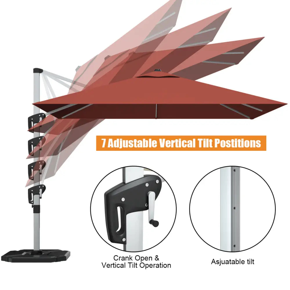 10 ft 360 Degree Tilt Aluminum Square Patio Offset Cantilever Umbrella without Weight Base-Brick red - Orange - Outdoor