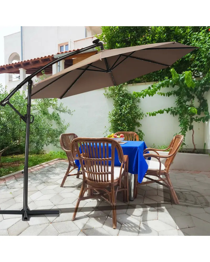 10 ft 360° Rotation Solar Powered LED Patio Offset Umbrella without Weight Base-Tan - Tan - Outdoor Umbrellas