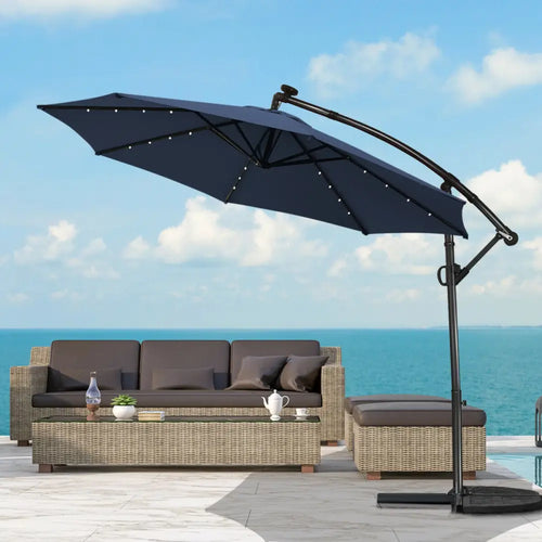 10 FT 360° Rotation Solar Powered LED Patio Offset Umbrella without Weight Base-Navy - Navy - Outdoor Umbrellas