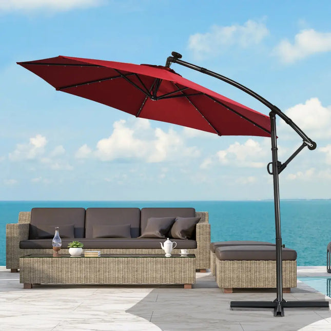 10 ft 360° Rotation Solar Powered LED Patio Offset Umbrella without Weight Base-Burgundy - Dark Red - Outdoor Umbrellas