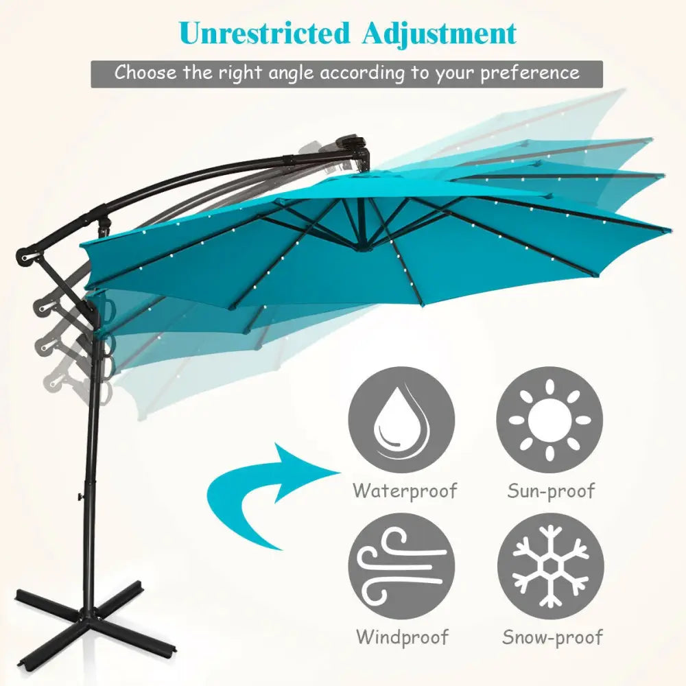 10 ft 360° Rotation Solar Powered LED Patio Offset Umbrella without Weight Base-Turquoise - Turquoise - Outdoor