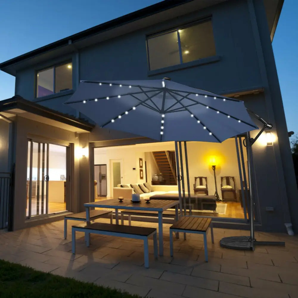 10 ft 360° Rotation Solar Powered LED Patio Offset Umbrella without Weight Base-Blue - Blue - Outdoor Umbrellas
