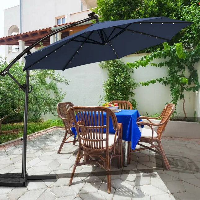 10 FT 360° Rotation Solar Powered LED Patio Offset Umbrella without Weight Base-Navy - Navy - Outdoor Umbrellas