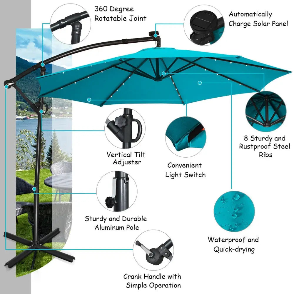10 ft 360° Rotation Solar Powered LED Patio Offset Umbrella without Weight Base-Turquoise - Turquoise - Outdoor