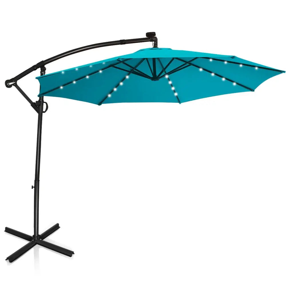 10 ft 360° Rotation Solar Powered LED Patio Offset Umbrella without Weight Base-Turquoise - Turquoise - Outdoor