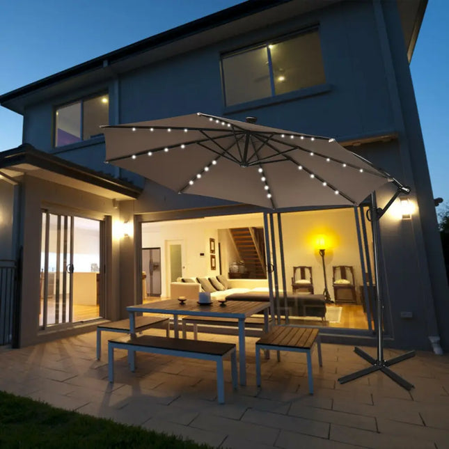 10 ft 360° Rotation Solar Powered LED Patio Offset Umbrella without Weight Base-Tan - Tan - Outdoor Umbrellas