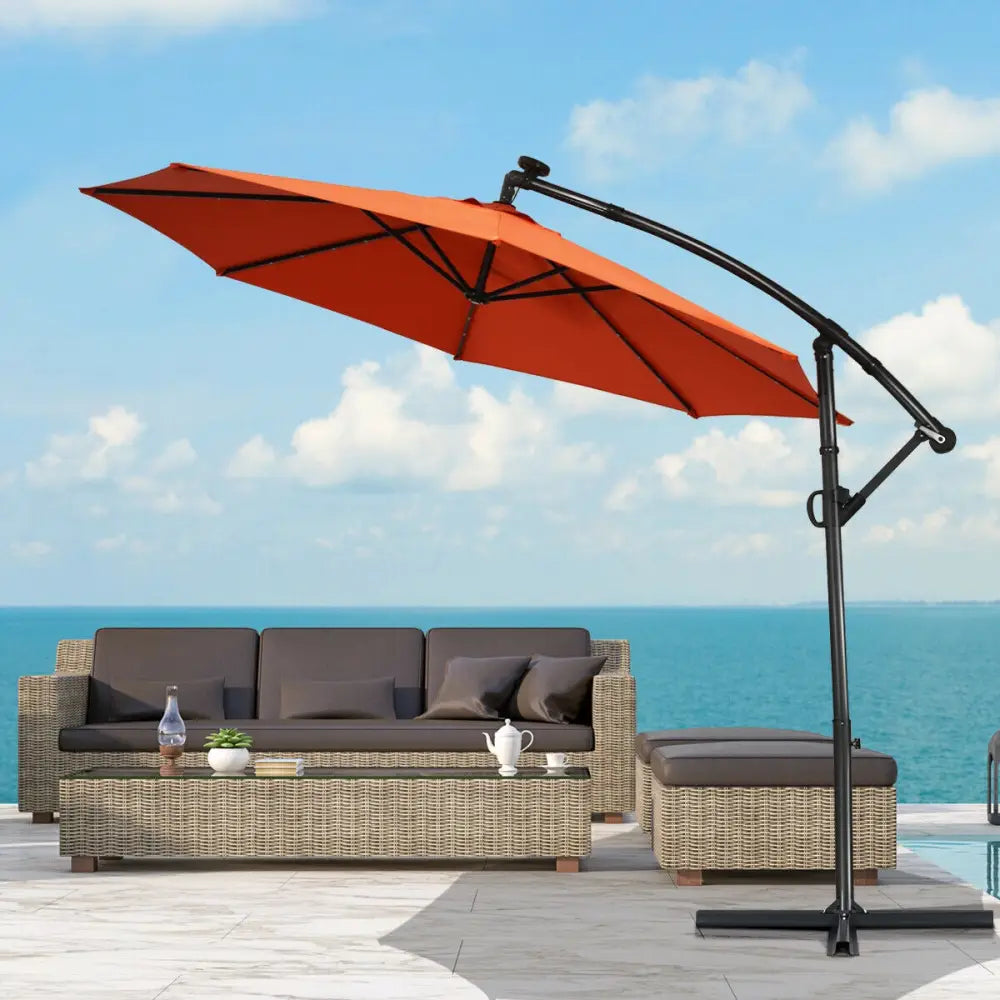 10 ft 360° Rotation Solar Powered LED Patio Offset Umbrella without Weight Base-Orange - Orange - Outdoor Umbrellas