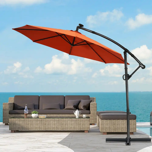 10 ft 360° Rotation Solar Powered LED Patio Offset Umbrella without Weight Base-Orange - Orange - Outdoor Umbrellas