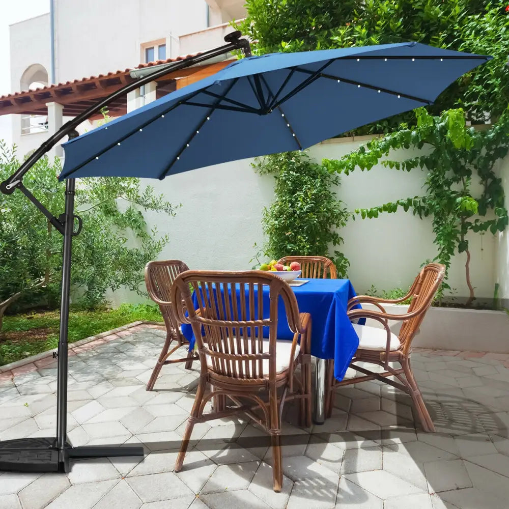 10 ft 360° Rotation Solar Powered LED Patio Offset Umbrella without Weight Base-Blue - Blue - Outdoor Umbrellas