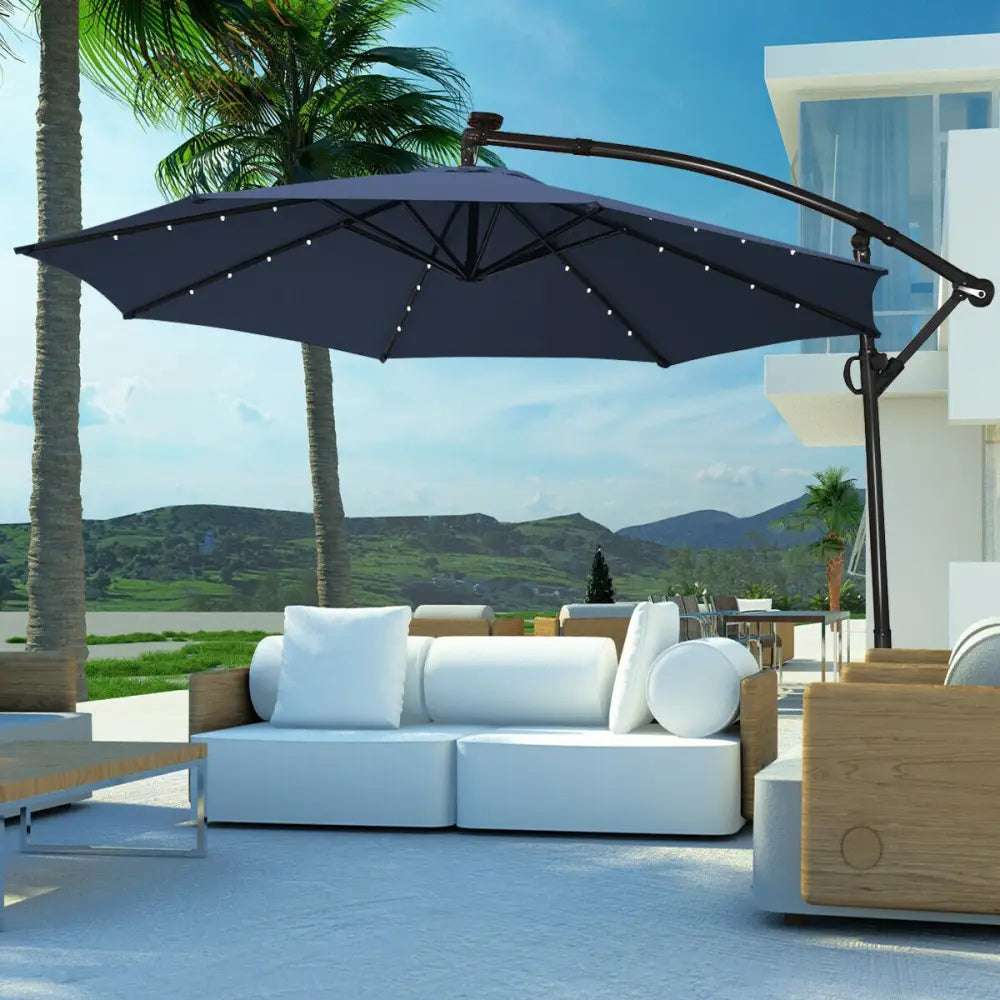 10 FT 360° Rotation Solar Powered LED Patio Offset Umbrella without Weight Base-Navy - Navy - Outdoor Umbrellas