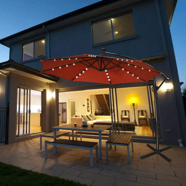 10 ft 360° Rotation Solar Powered LED Patio Offset Umbrella without Weight Base-Orange - Orange - Outdoor Umbrellas