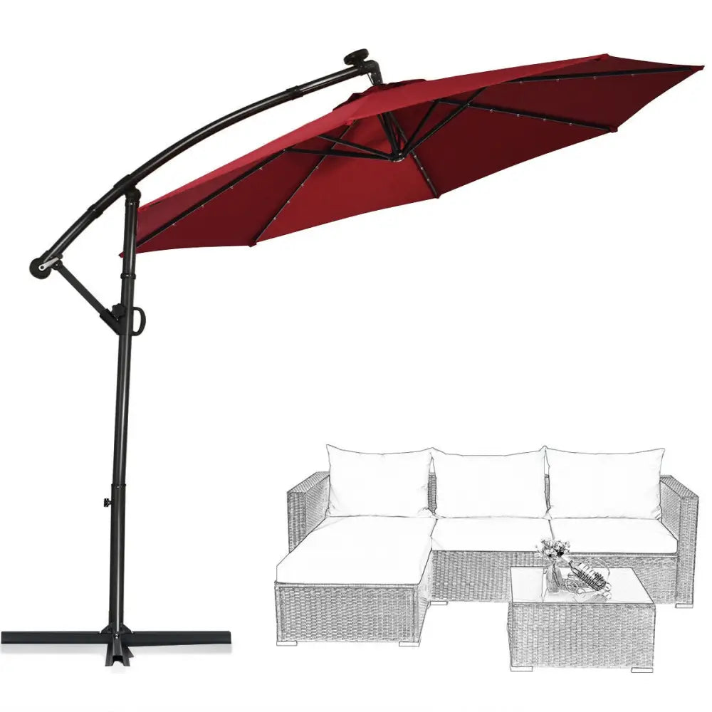 10 ft 360° Rotation Solar Powered LED Patio Offset Umbrella without Weight Base-Burgundy - Dark Red - Outdoor Umbrellas