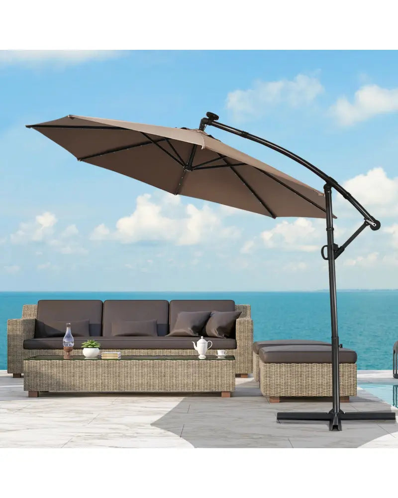 10 ft 360° Rotation Solar Powered LED Patio Offset Umbrella without Weight Base-Tan - Tan - Outdoor Umbrellas