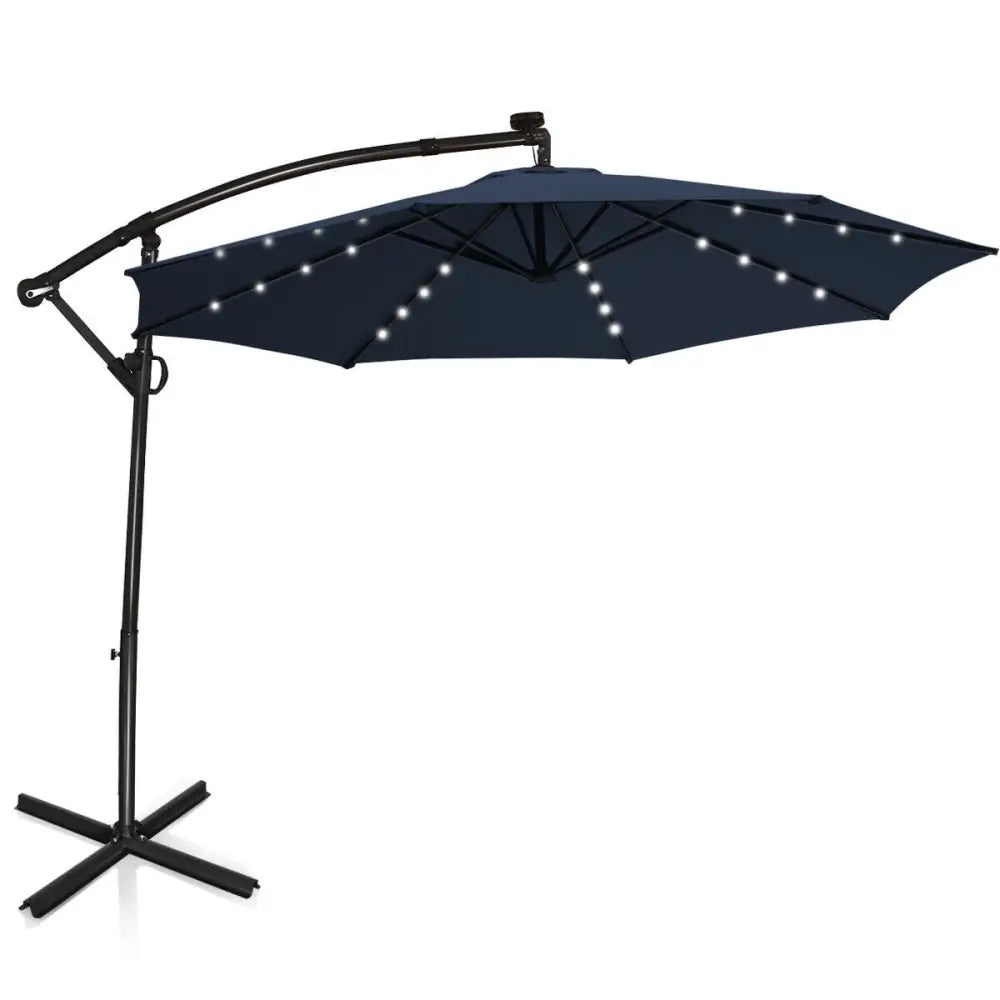10 FT 360° Rotation Solar Powered LED Patio Offset Umbrella without Weight Base-Navy - Navy - Outdoor Umbrellas