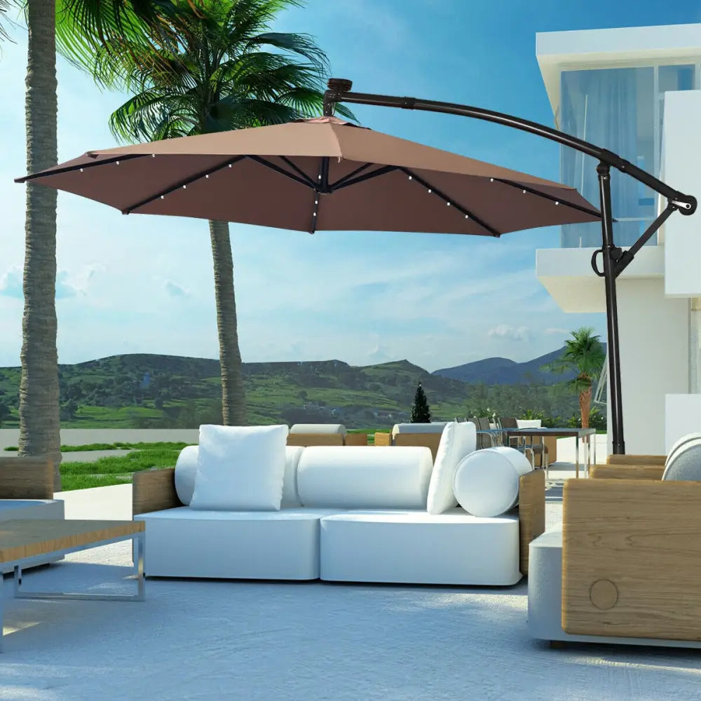 10 ft 360° Rotation Solar Powered LED Patio Offset Umbrella without Weight Base-Tan - Tan - Outdoor Umbrellas