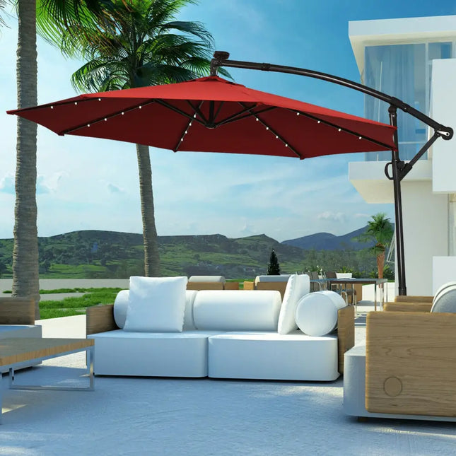 10 ft 360° Rotation Solar Powered LED Patio Offset Umbrella without Weight Base-Burgundy - Dark Red - Outdoor Umbrellas
