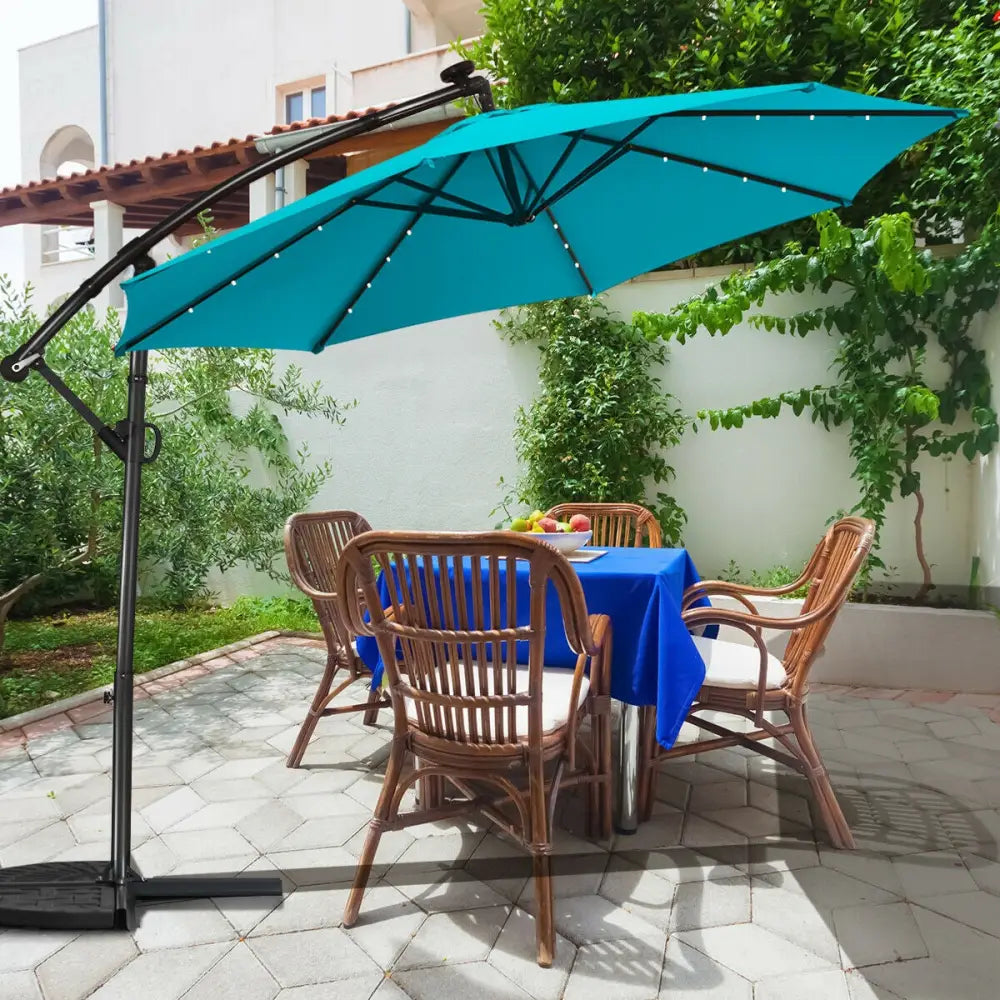 10 ft 360° Rotation Solar Powered LED Patio Offset Umbrella without Weight Base-Turquoise - Turquoise - Outdoor