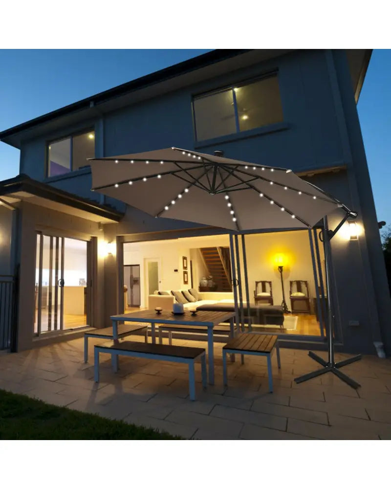 10 ft 360° Rotation Solar Powered LED Patio Offset Umbrella without Weight Base-Tan - Tan - Outdoor Umbrellas