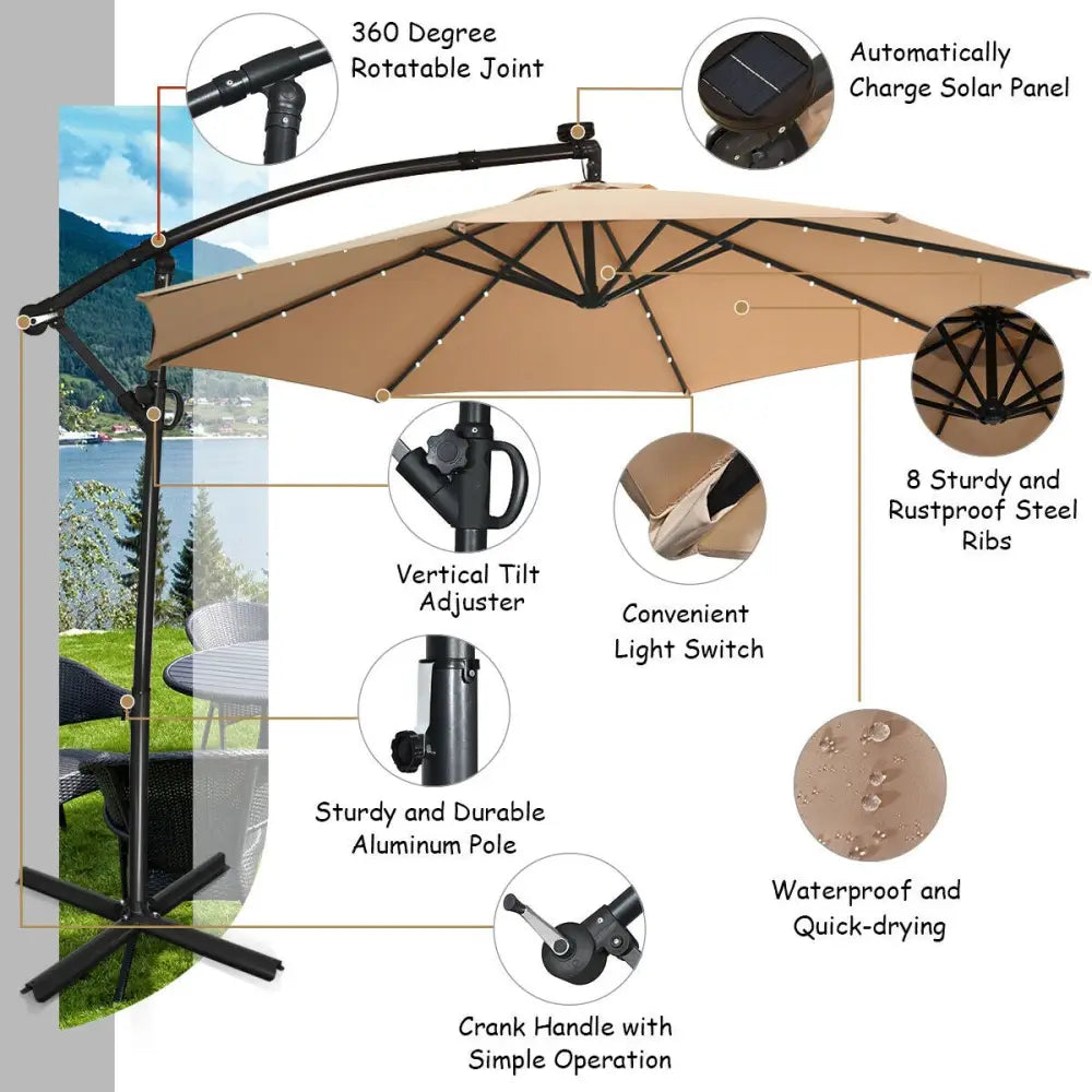10 ft 360° Rotation Solar Powered LED Patio Offset Umbrella without Weight Base-Beige - Beige - Outdoor Umbrellas