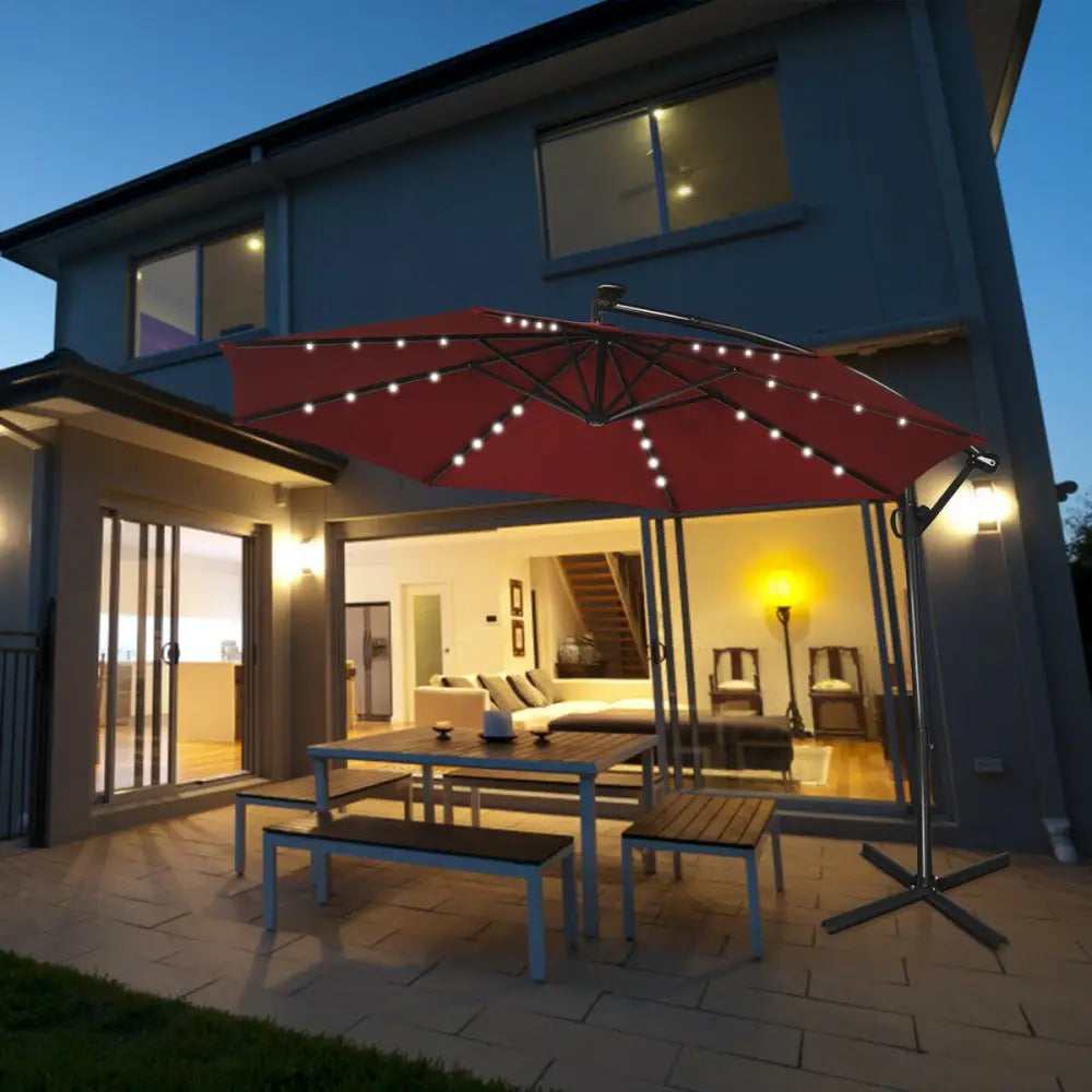 10 ft 360° Rotation Solar Powered LED Patio Offset Umbrella without Weight Base-Burgundy - Dark Red - Outdoor Umbrellas