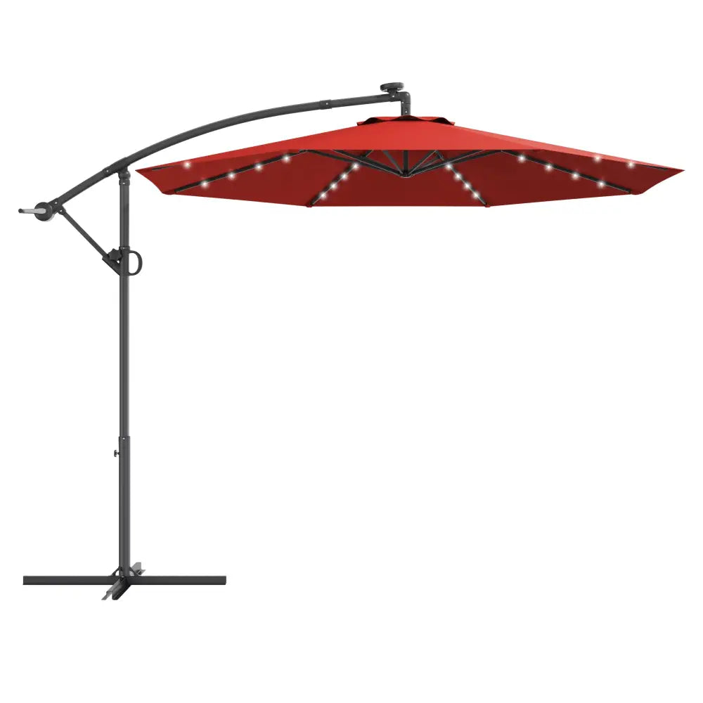 10 ft 360° Rotation Solar Powered LED Patio Offset Umbrella without Weight Base-Burgundy - Dark Red - Outdoor Umbrellas
